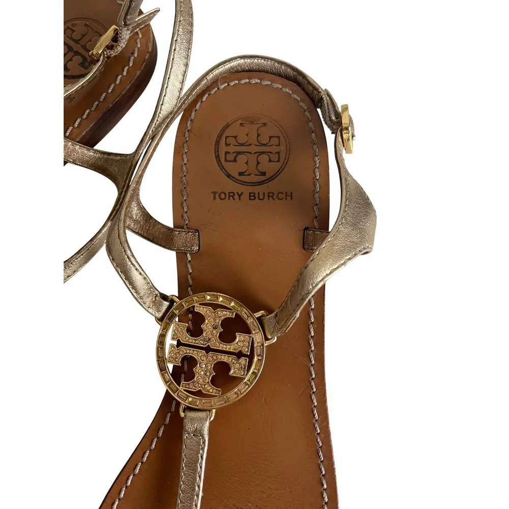 Tory Burch Miller Metallic Gold Leather Slingback Thong Sandals Size 10M